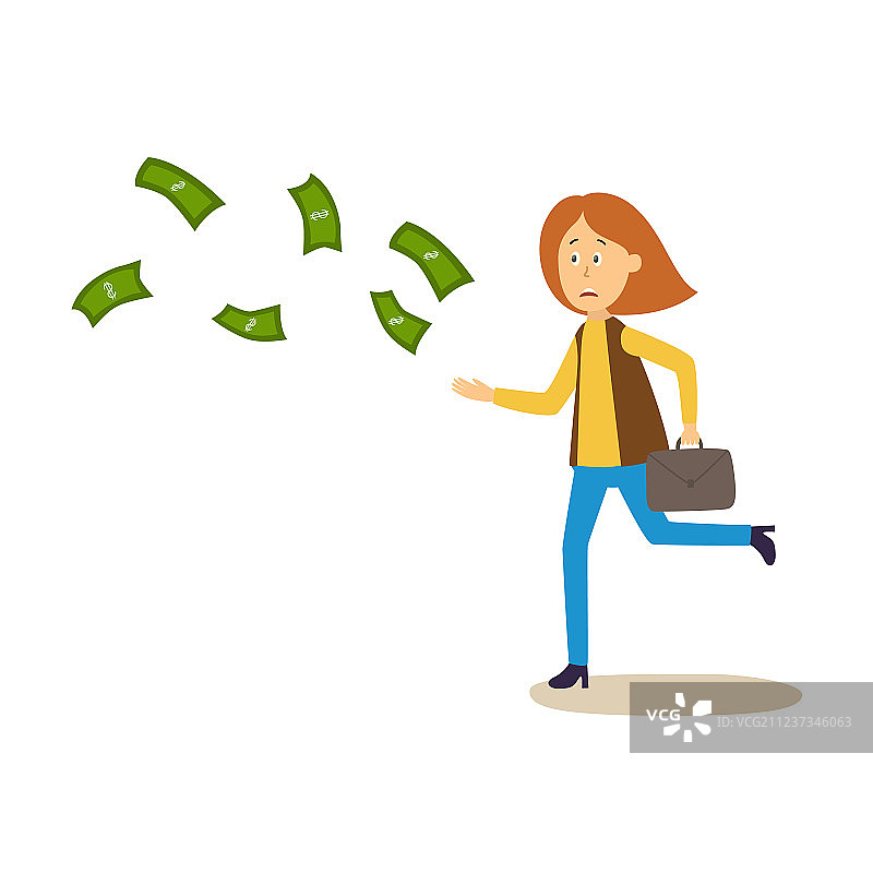 沮丧的女人追逐飞走的钱图片素材
