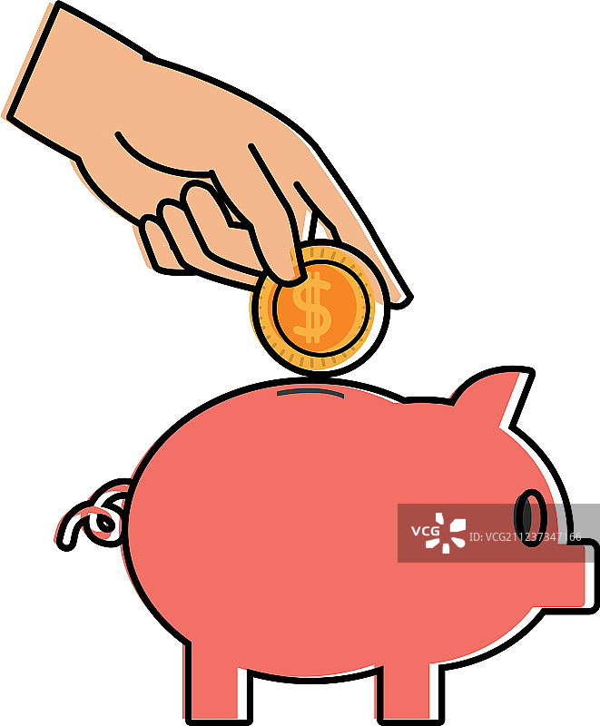 彩色小猪存钱罐和带硬币的手图片素材