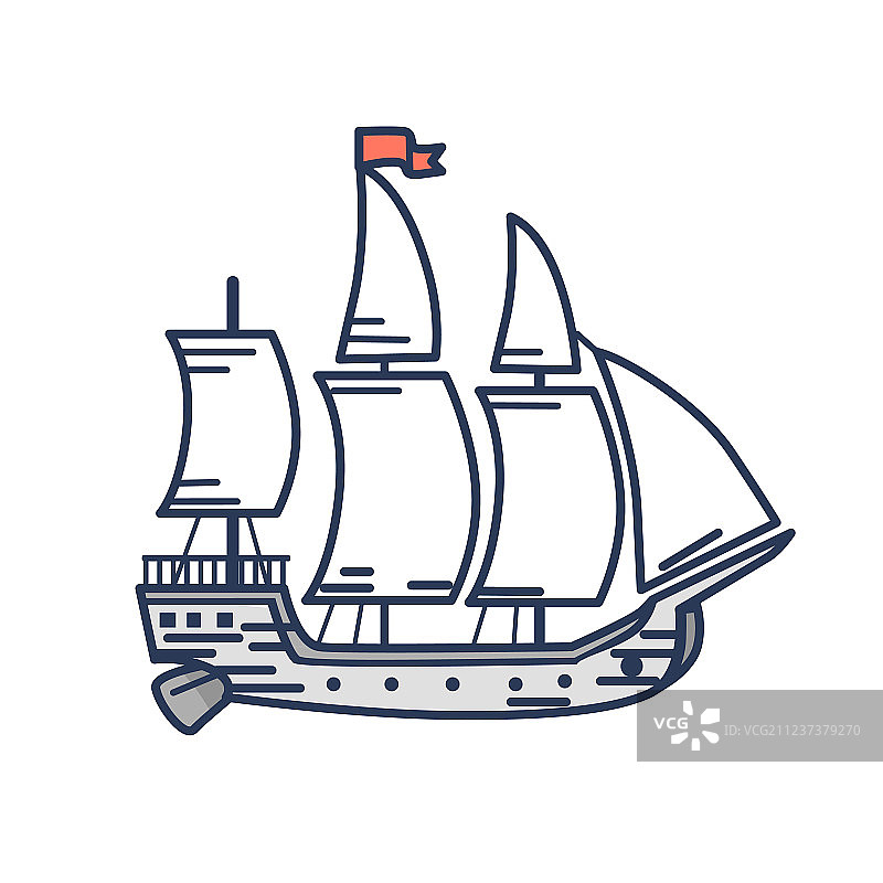 带红色旗帜轮廓的旧木船图片素材