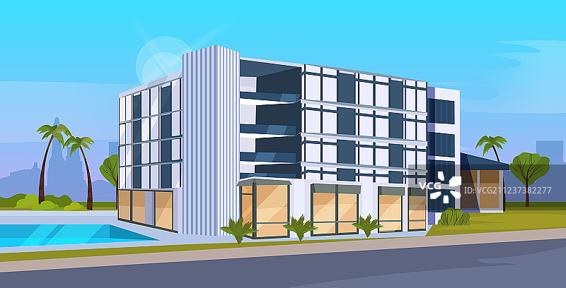 带有大型外观的现代酒店办公楼图片素材