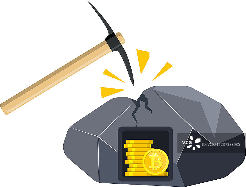 带有比特币标志和镐的金色硬币图片素材
