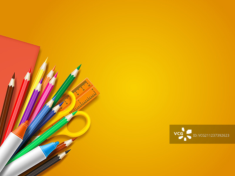黄色背景上的逼真校园用品图片素材