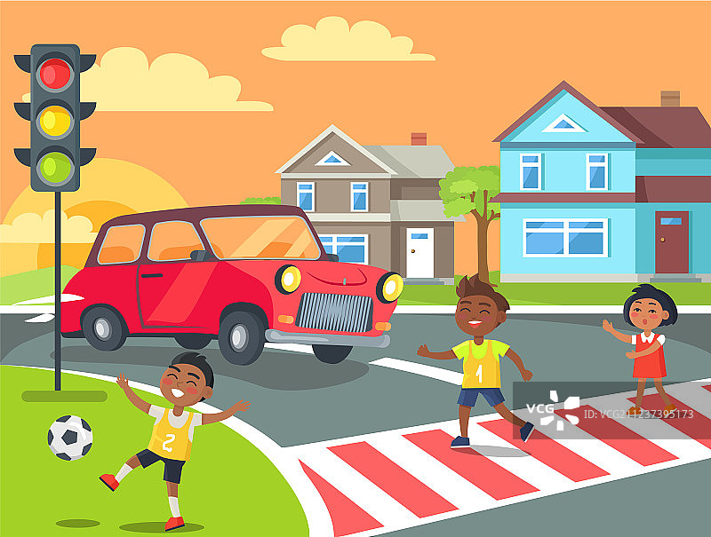 孩子们在玩耍和过马路图片素材