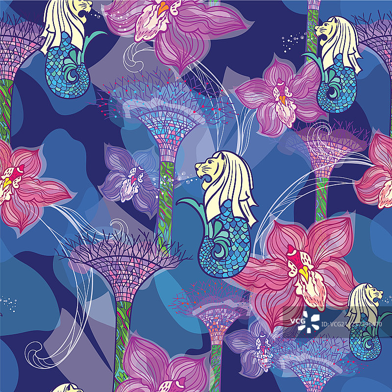 亚洲旅行新加坡彩色手绘图片素材