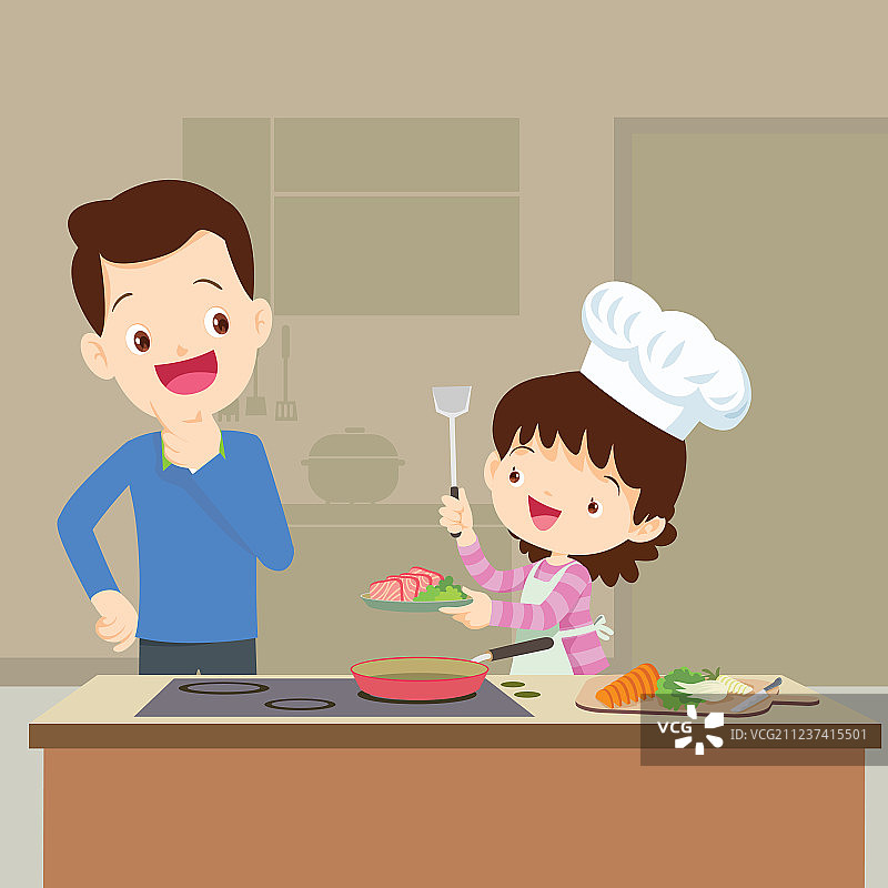 父亲看着女儿做饭图片素材