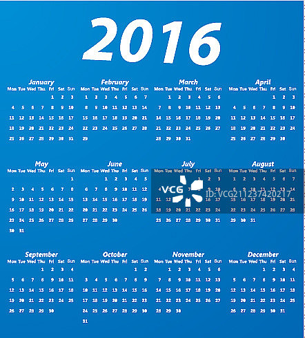 蓝色2016现代简约日历设计图片素材