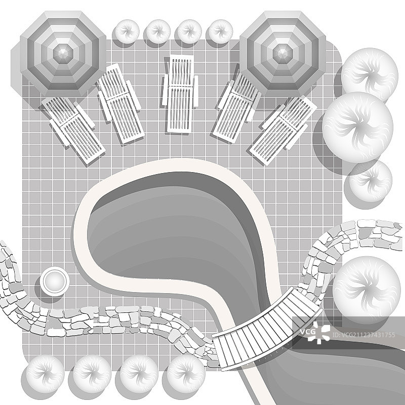带游泳池和家具的景观设计方案图片素材