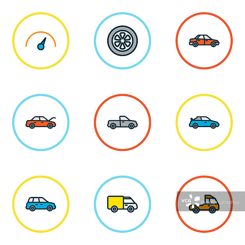 彩色线条汽车图标集，含跨界车引擎盖图片素材