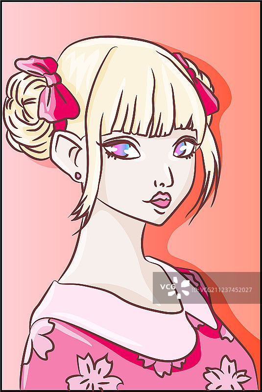 穿着可爱和服与系着丝带的粉色动漫女孩图片素材