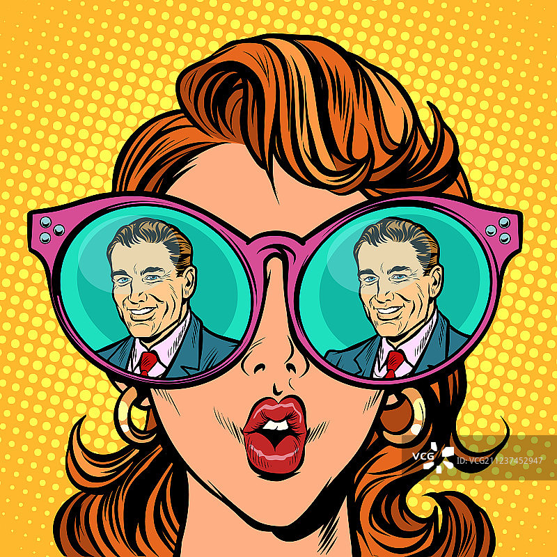 女孩透过眼镜看男人和女人的倒影图片素材