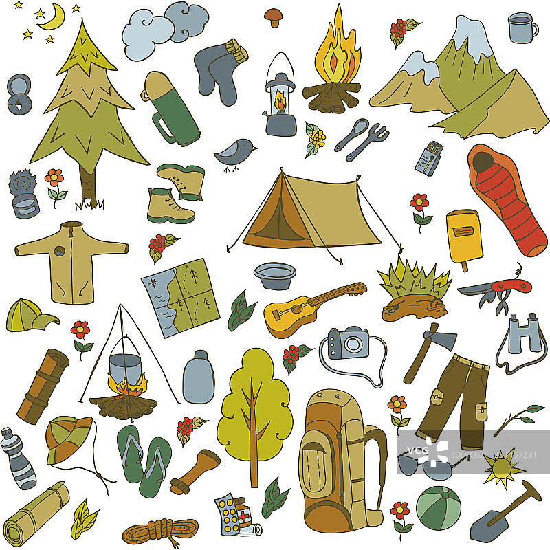 手绘露营装备符号草图合集图片素材