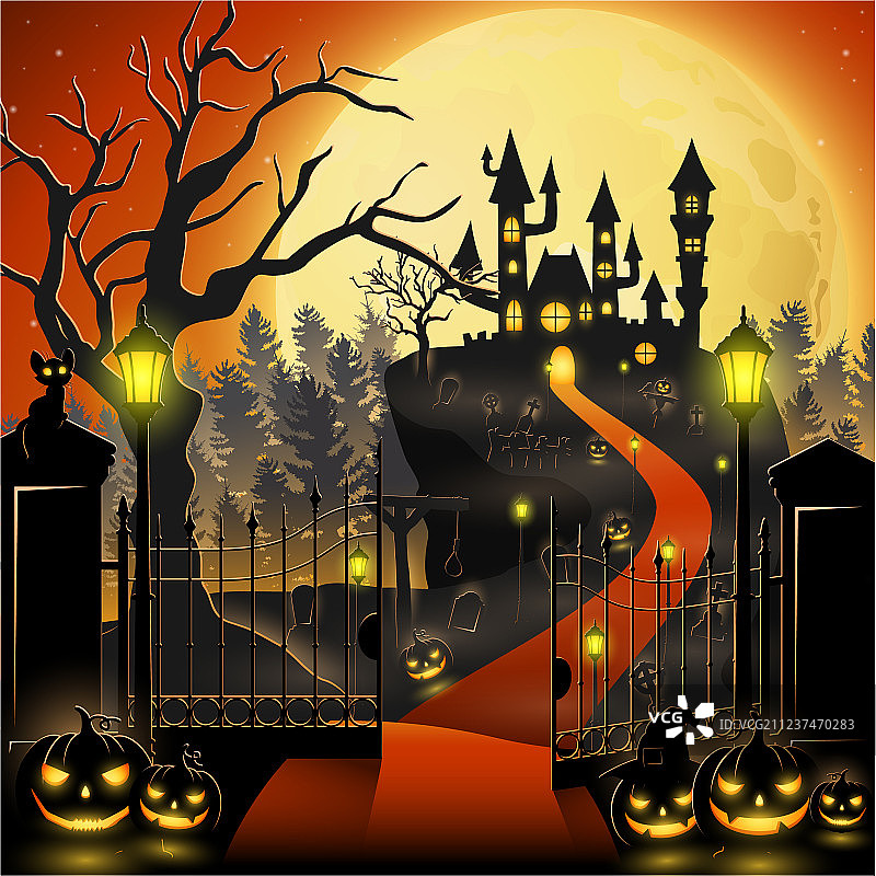 带城堡和南瓜的阴森墓地图片素材