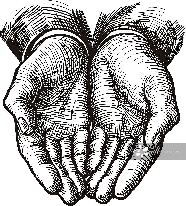 交叉双臂，手捧或张开的复古速写图片素材