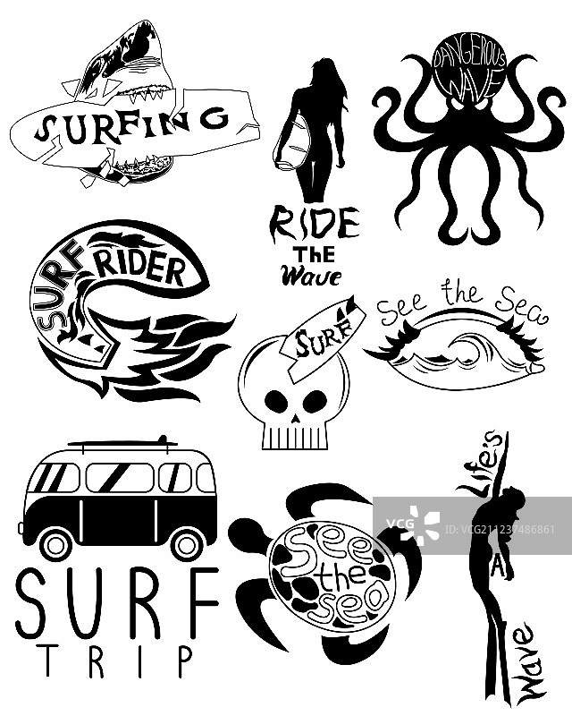 冲浪板复古汽车与鲨鱼海浪图片素材