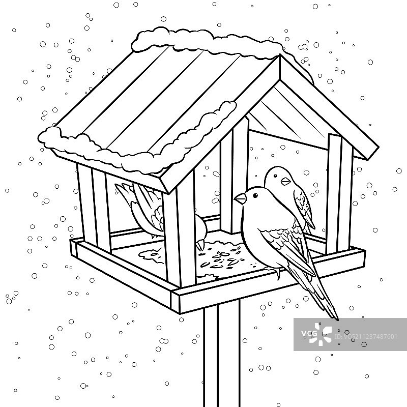 冬季喂鸟器填色书图片素材