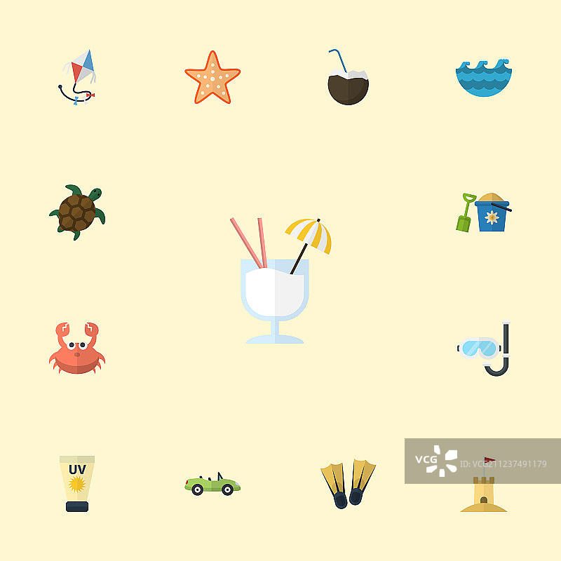 游泳、城堡、乌龟等扁平风格图标图片素材