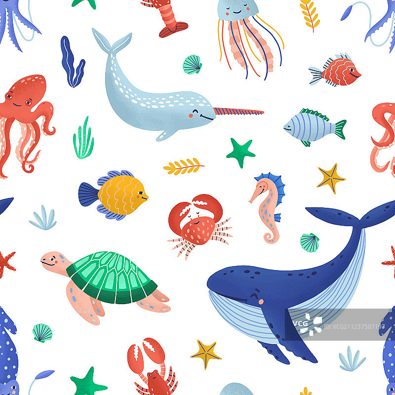 有趣的海洋动物无缝图案图片素材
