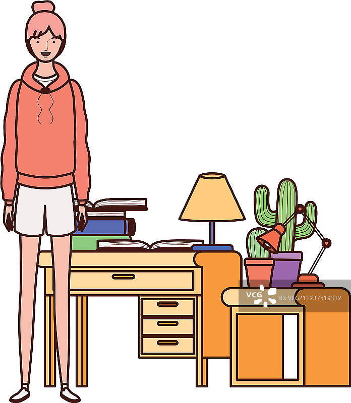 站在木制书架和书旁的女人图片素材