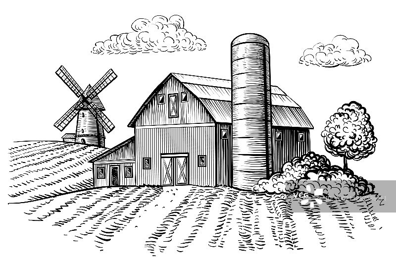 乡村景观农场谷仓和风车素描图片素材