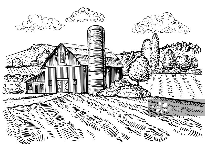 乡村景观农场谷仓和风车素描图片素材