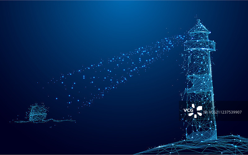 灯塔光束照耀游艇图片素材