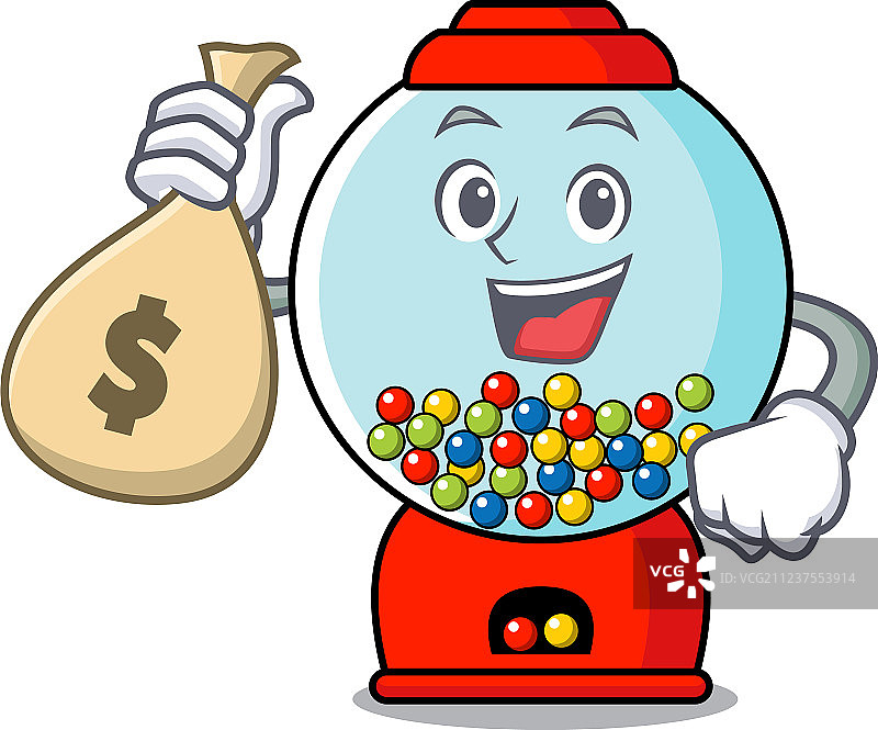 卡通泡泡糖机角色与钱袋图片素材