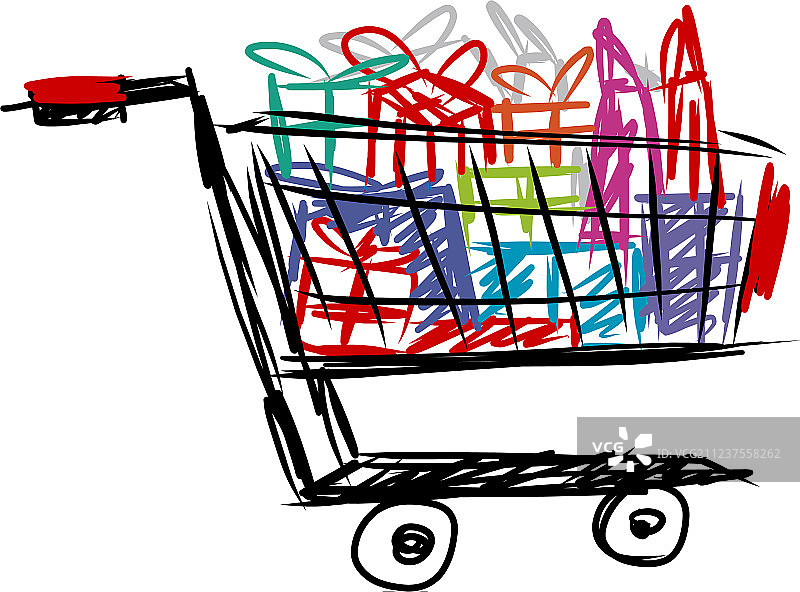 装有礼品盒和手提袋的购物车图片素材