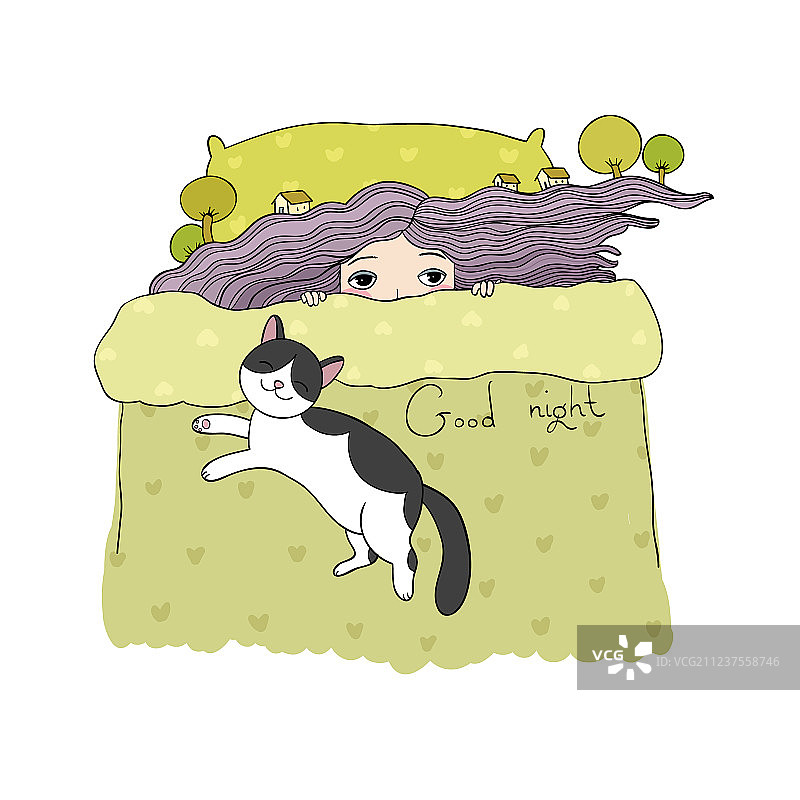 睡着的女孩和小猫，晚安，甜美的梦图片素材