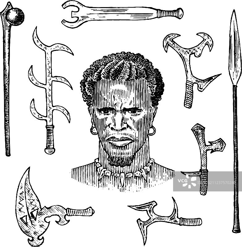 手持长矛和武器的非洲部落人物肖像图片素材