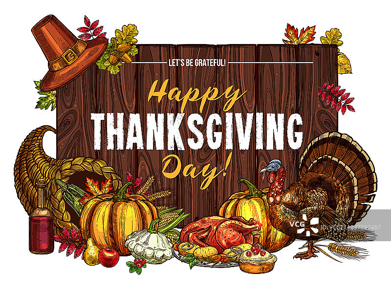 感恩节火鸡收获素描问候图片素材