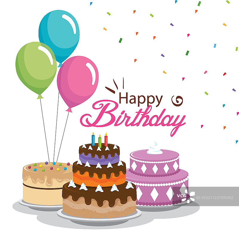 生日贺卡，带蛋糕和氦气球图片素材