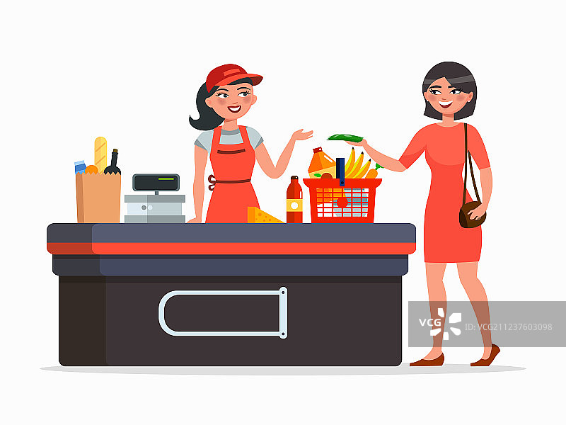 超市收银员与顾客扁平插画图片素材