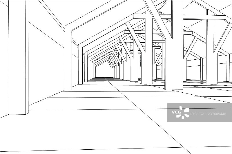 白色背景上的线框工业建筑室内设计图片素材