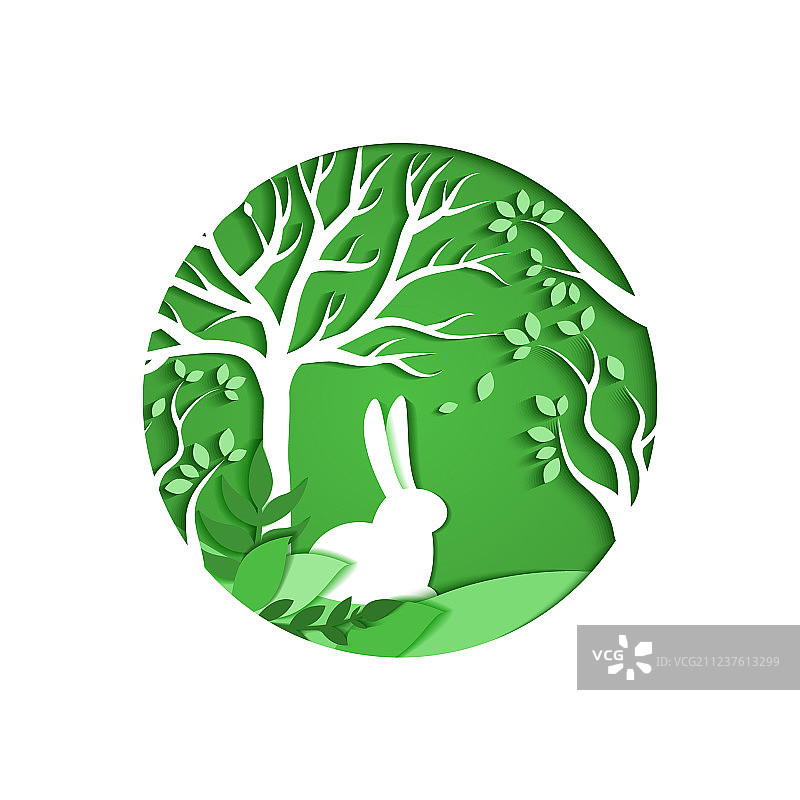 木质背景中的纸艺兔子雕刻图片素材