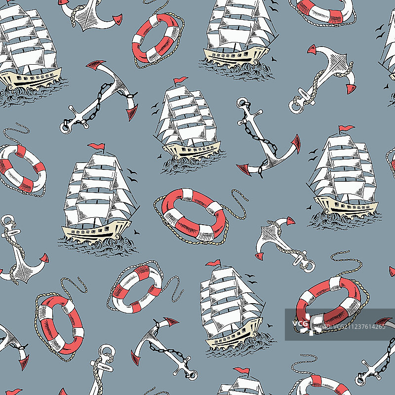 帆船草图无缝图案图片素材