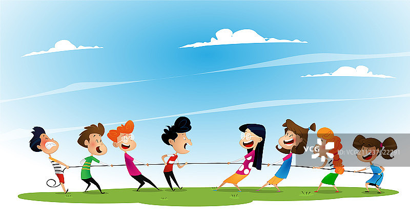 玩拔河的卡通男孩和女孩图片素材