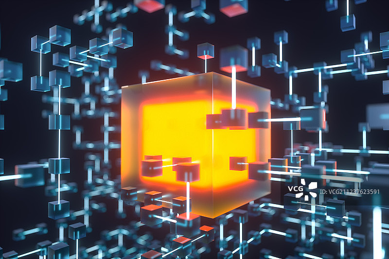 发光线条与方块，科技感背景，三维渲染图片素材