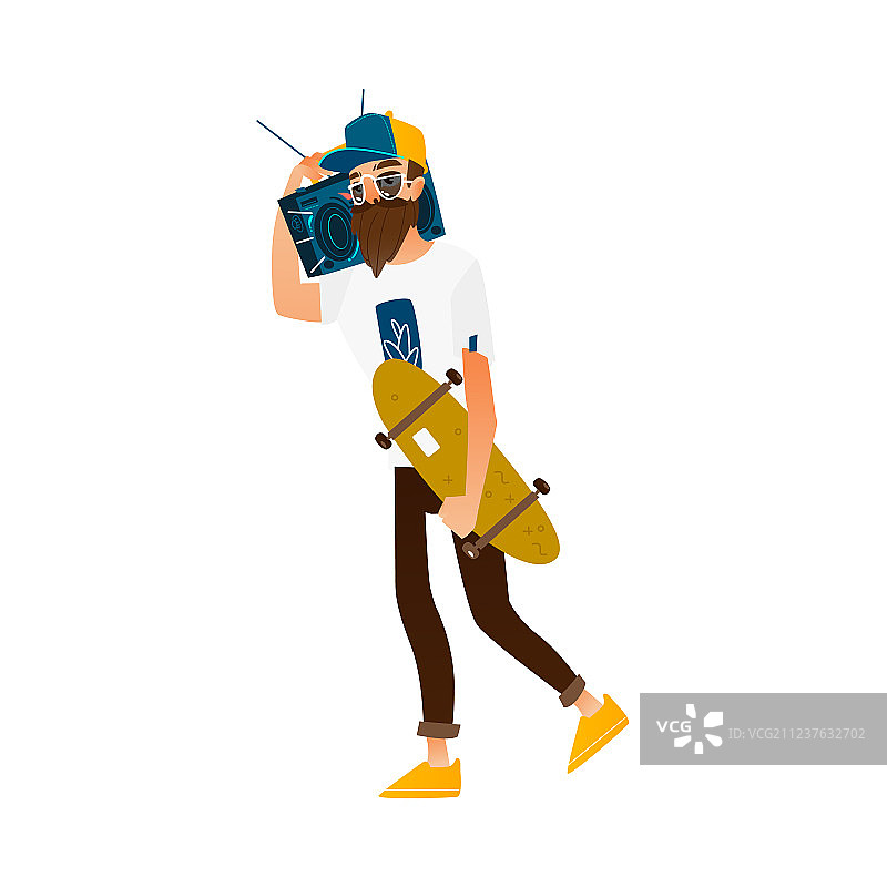 带着滑板和录音机走路的嬉皮士图片素材