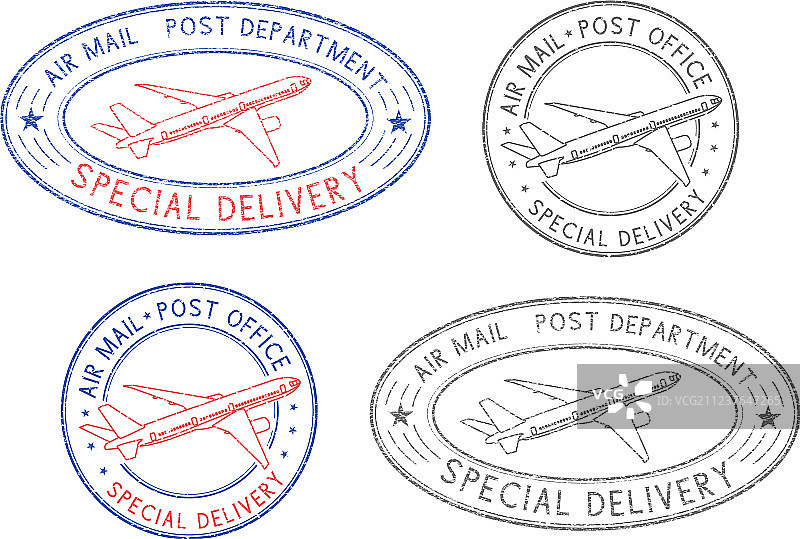 带飞机符号的彩色航空邮件邮戳套装图片素材