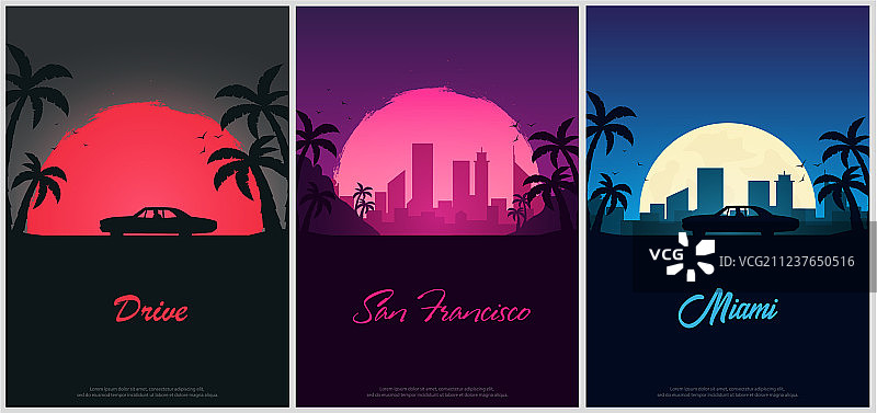 带有老式汽车日落的复古海报合集图片素材