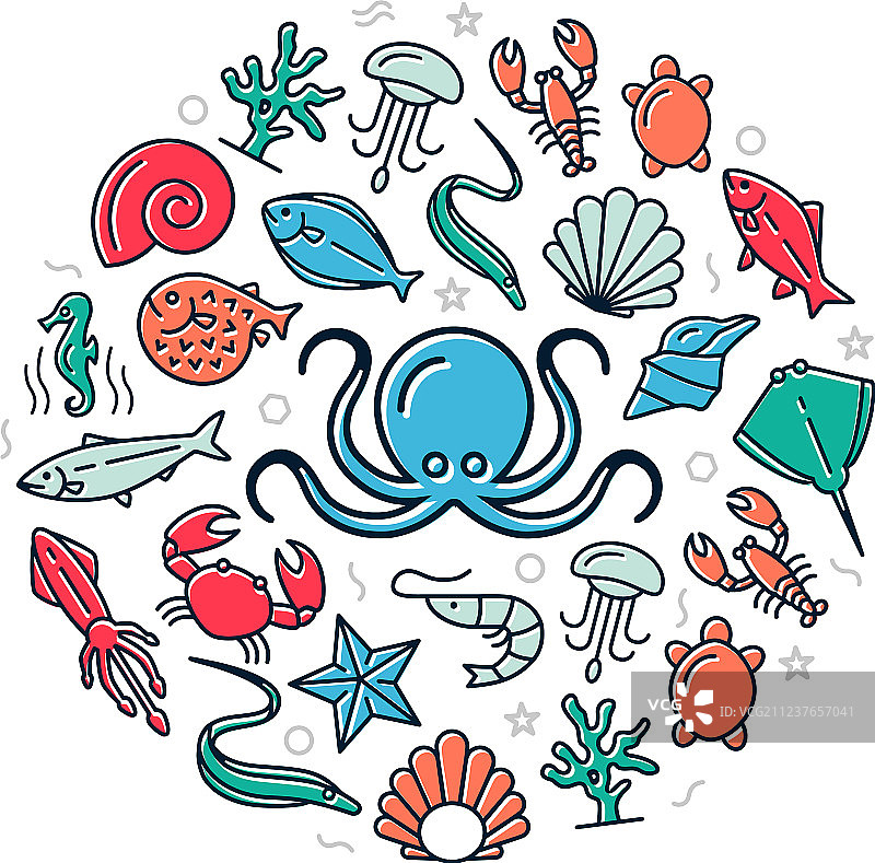 圆形设计中的彩色海鲜图标图片素材