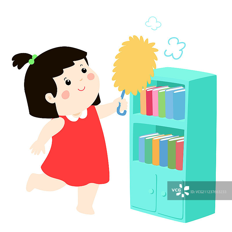 可爱的女孩擦拭书架上的灰尘图片素材