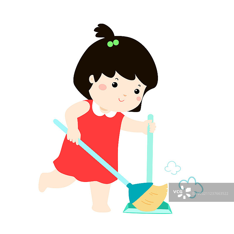 可爱的女孩在白色背景上扫尘图片素材