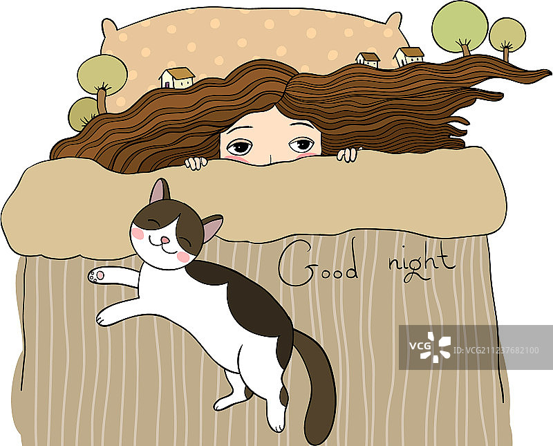 女孩和小猫：晚安，甜蜜的梦图片素材