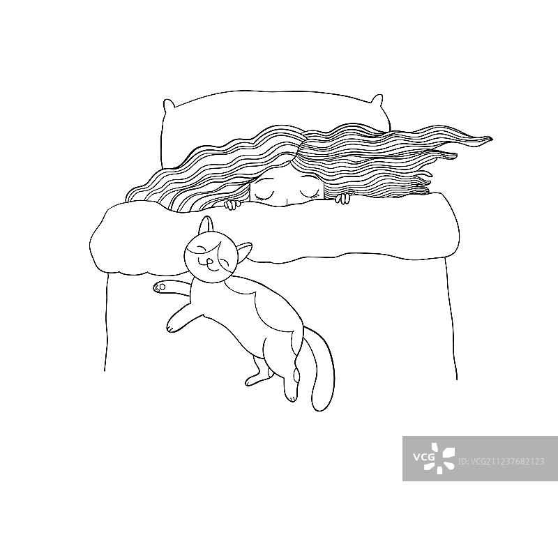 女孩和小猫：晚安，甜蜜的梦图片素材