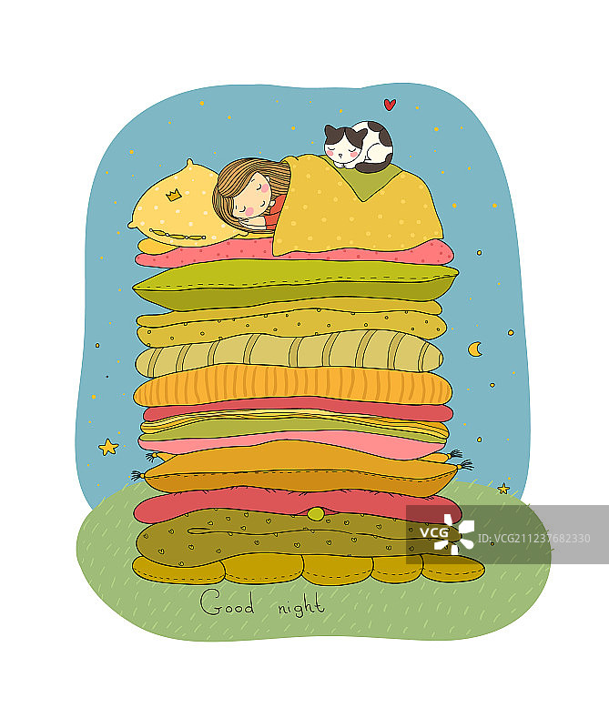 小女孩和可爱的猫在床上睡觉图片素材