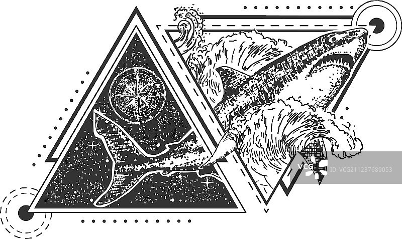 几何鲨鱼纹身或T恤印花图片素材