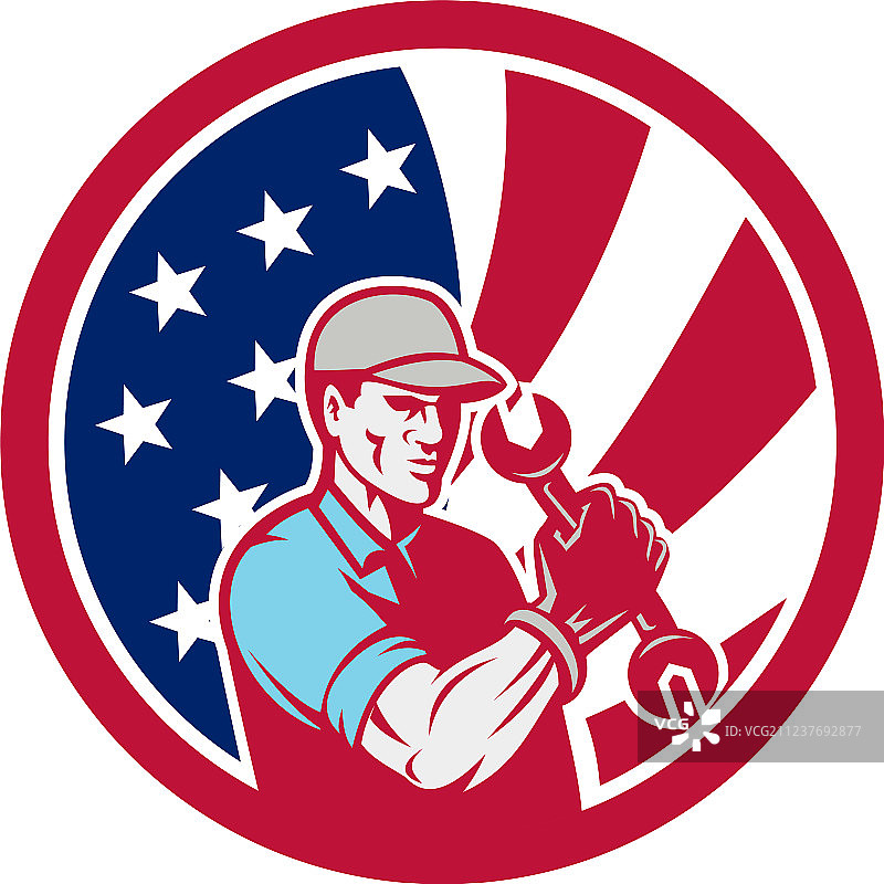 美国工业维修技工与美国国旗图片素材