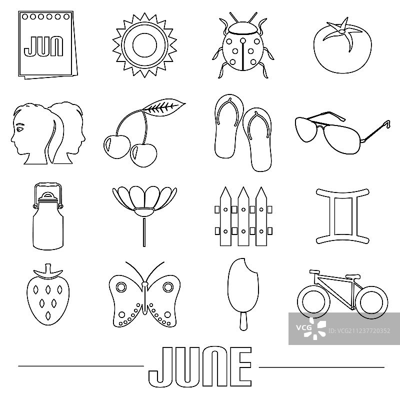六月主题简约轮廓图标EPS10图片素材
