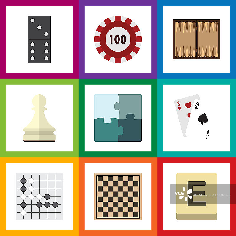 扁平风格娱乐图标套装：拼图、棋子、扑克图片素材